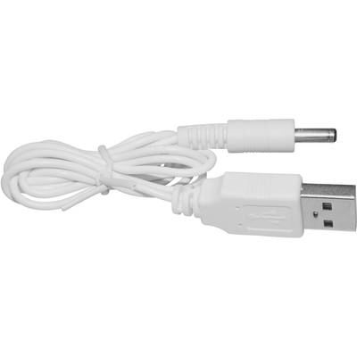 Ein weißes USB-Kabel mit einem USB-Anschluss und einem zylinderförmigen Stecker, aufgerollt und bereit für den Einsatz.