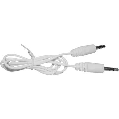 Weiße Audiokabel mit zwei Steckern an beiden Enden, aufgerollt und mit einem Kabelbinder zusammengehalten.