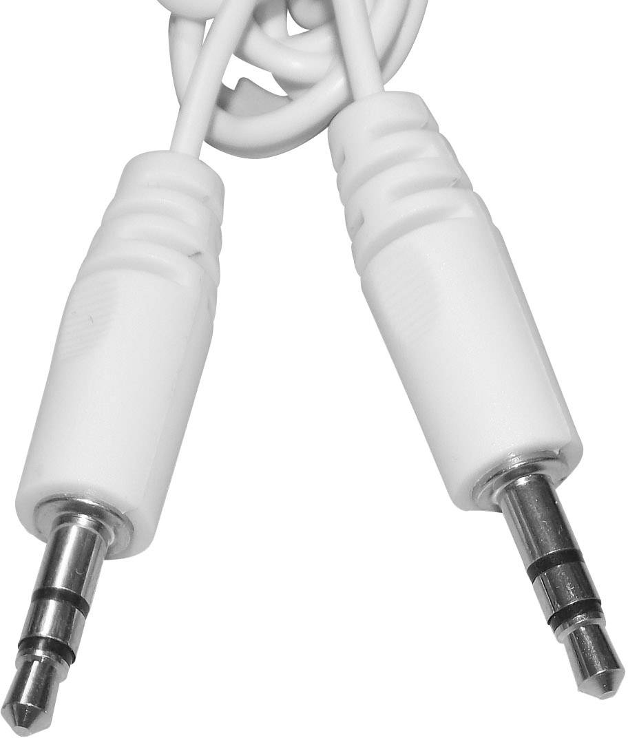 Zwei weiße Audiokabel mit 3,5-mm-Steckern.