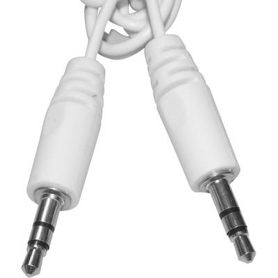 Zwei weiße Audiokabel mit 3,5-mm-Steckern.