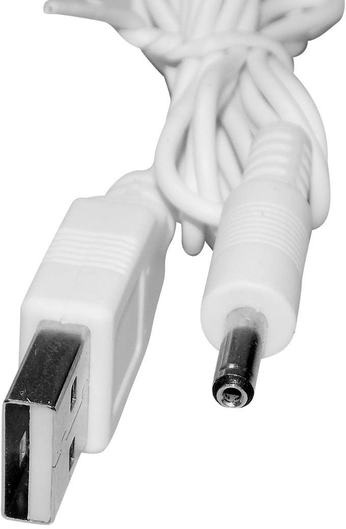 Ein weißes USB-Kabel mit einem rechteckigen USB-Stecker auf der linken Seite und einem runden, zylindrischen Stecker auf der rechten Seite.