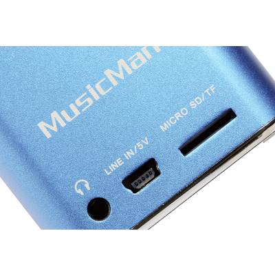 Blauer tragbarer Lautsprecher mit 'MusicMan'-Logo. Oberseite zeigt Anschlüsse: Kopfhörer, LINE IN/5V, MICRO SD/TF.