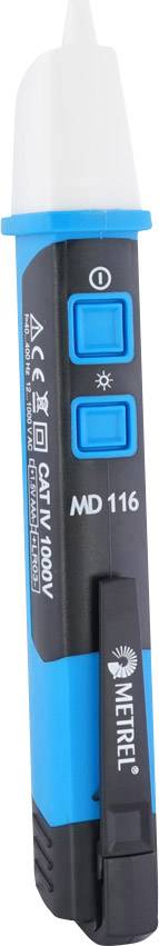 Spannungsprüfer in Blau mit weißen und schwarzen Akzenten, zwei Tasten und Schriftzug 'MD 116'.