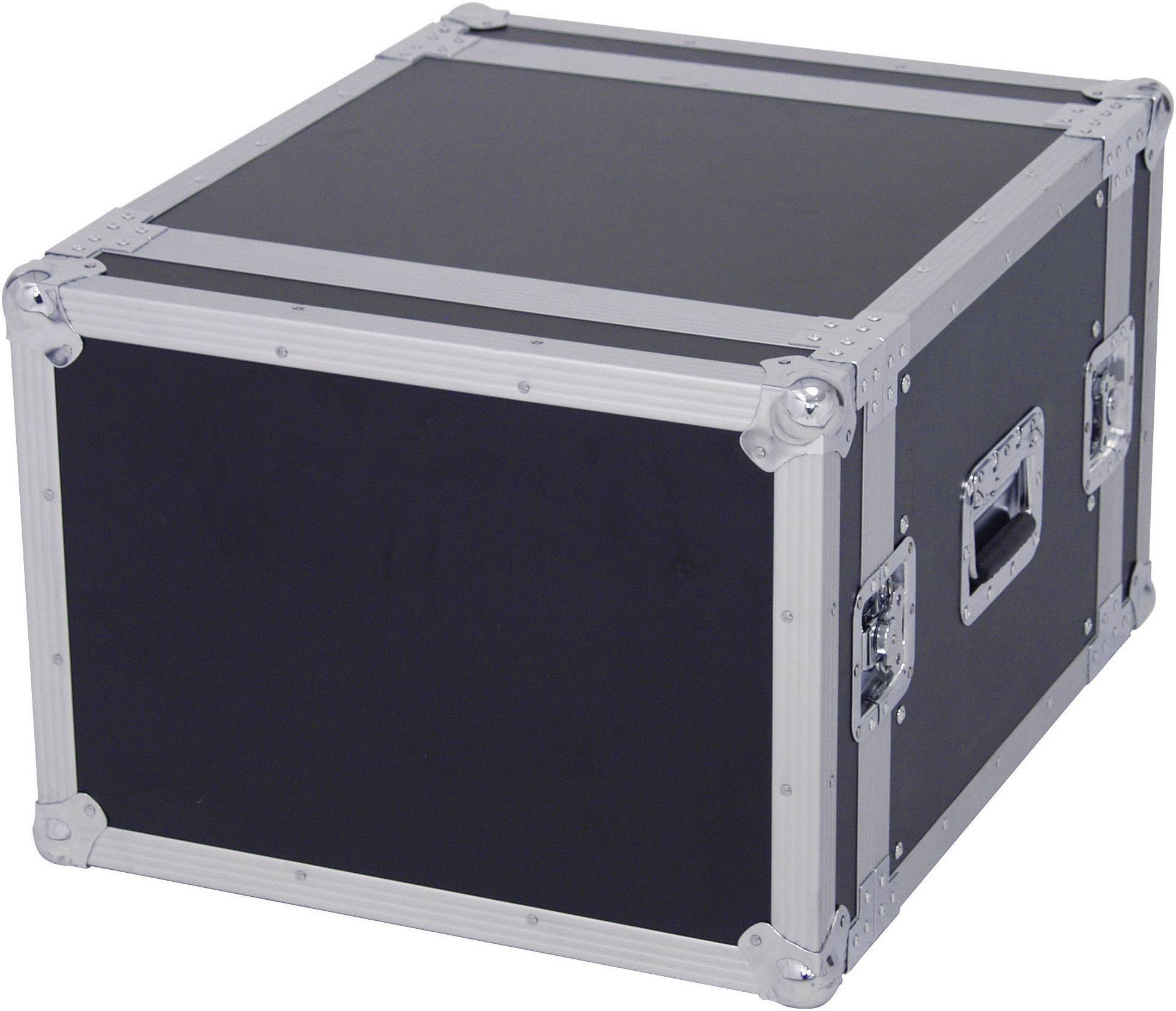 Ein schwarzer, rechteckiger Transportkoffer mit silbernen Kanten und Tragegriffen an den Seiten.