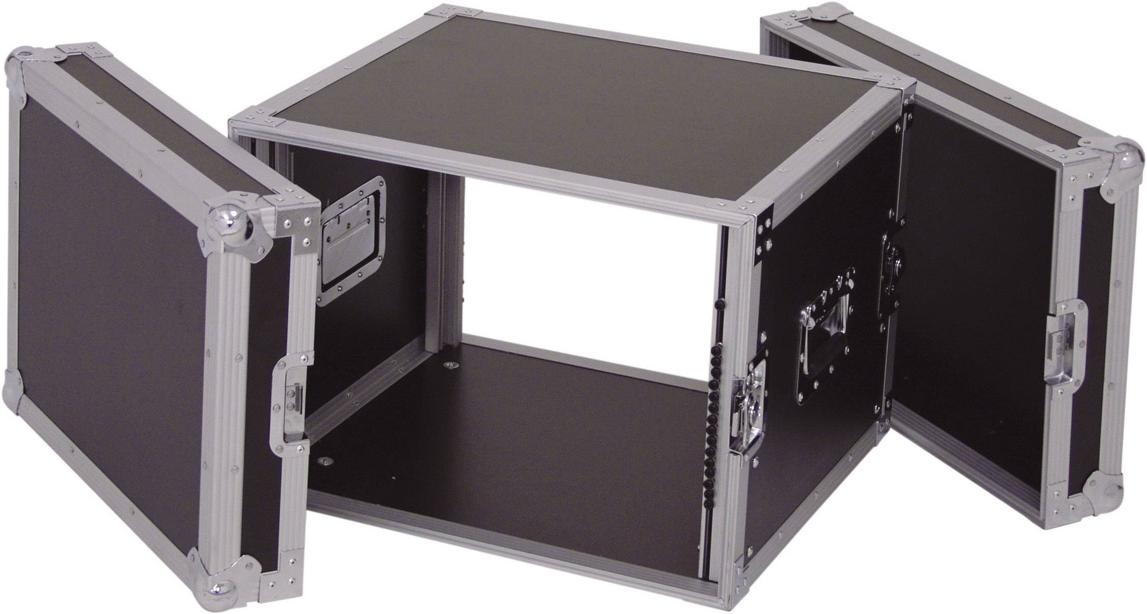 Ein offener, rechteckiger, schwarzer Rack-Case mit abnehmbaren Seitenklappen, verwendet zur sicheren Aufbewahrung von elektronischen Geräten.