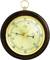 Ein runder analoger Barometer mit Holzrahmen zeigt Luftdruckwerte von 960 bis 1060 hPa an, illustriert mit Sonne- und Wolkensymbolen.