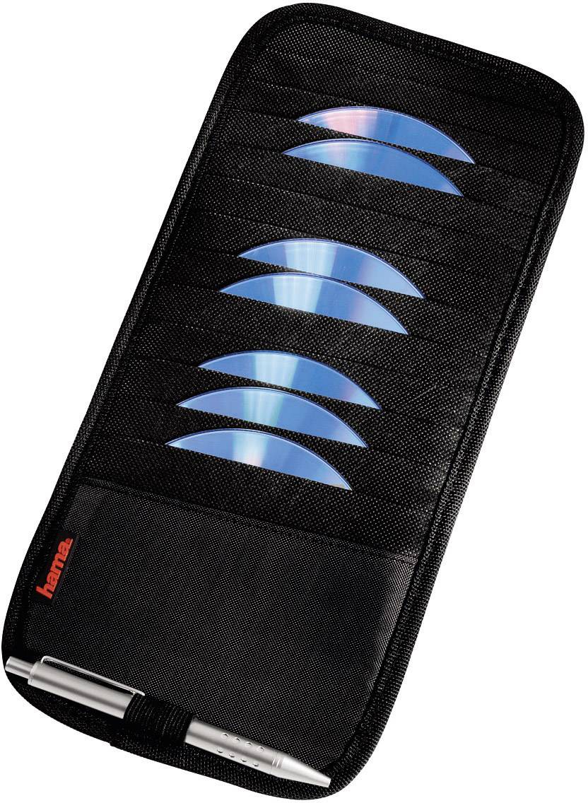 Schwarze CD-Tasche mit sechs sichtbaren CDs und einem silbernen Stift in einem zusätzlichen Fach. Beidseitiger Reißverschluss.