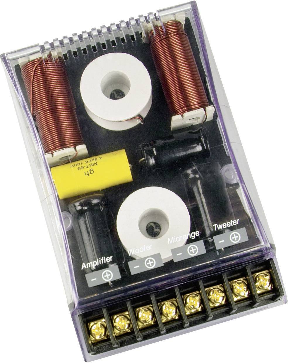 Frequenzweichen-Schaltkreis mit Spulen, Kondensatoren und Anschlüssen, beschriftet mit 'Amplifier', 'Woofer', 'Midrange', 'Tweeter'.