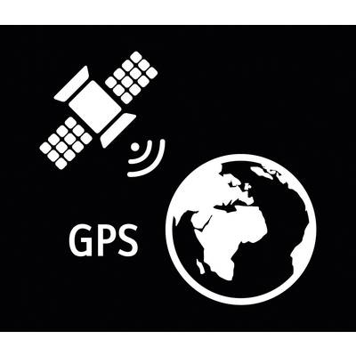 Satellitensymbol sendet Wellen zur Erde; daneben steht 'GPS'. Symbolisiert globale Positionsbestimmung und Navigation.