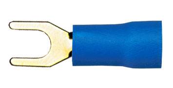 Blauer Gabelkabelschuh mit metallischer U-förmiger Öffnung.