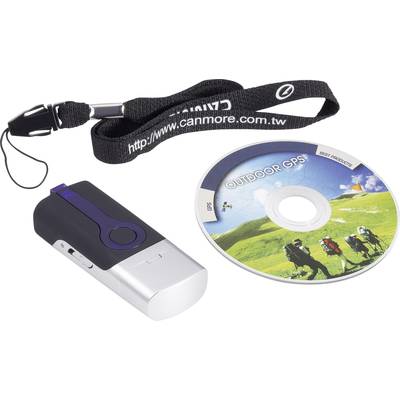 Ein GPS-Tracker mit schwarzem Armband und eine CD mit der Aufschrift 'Outdoor GPS'. Die CD zeigt ein Bild von Wanderern in einer grünen Landschaft.