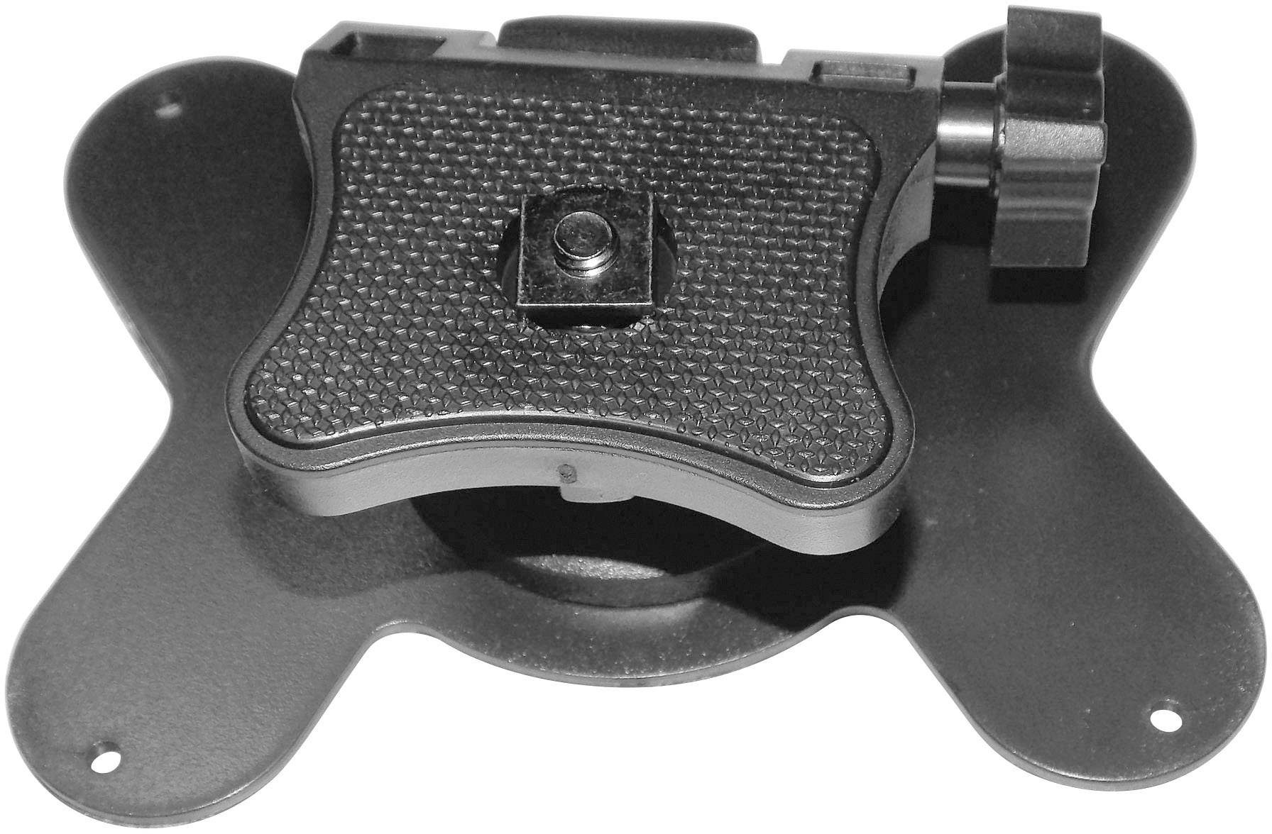 Eine schwarze Universal-Wandhalterung mit verstellbarem Drehknopf und strukturiertem Griff zur stabilen Befestigung von Geräten.