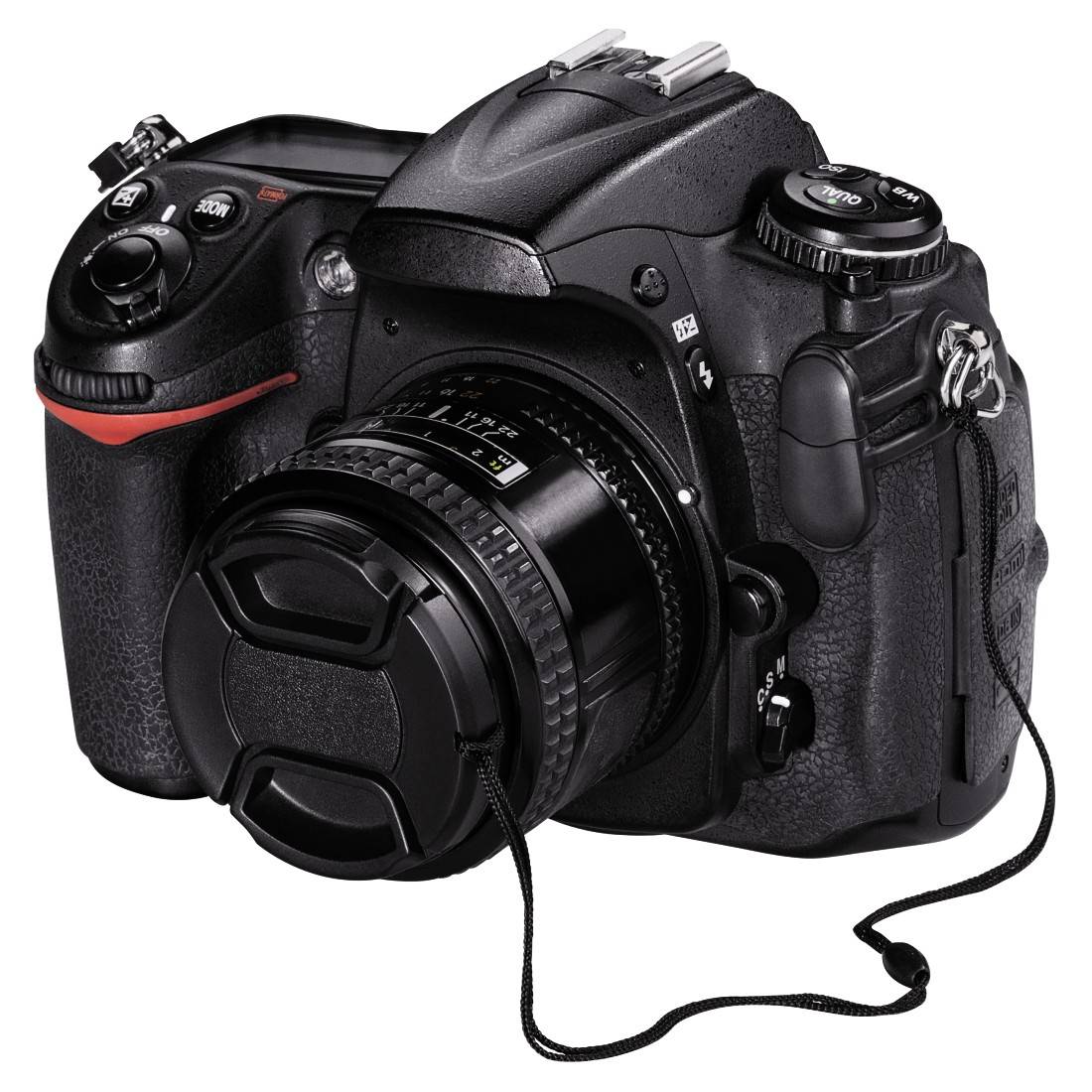 Digitalkamera mit abnehmbarem Objektiv, zahlreichen Tasten und Drehregler auf der Oberseite. Objektivkappe mit Befestigungsschnur.