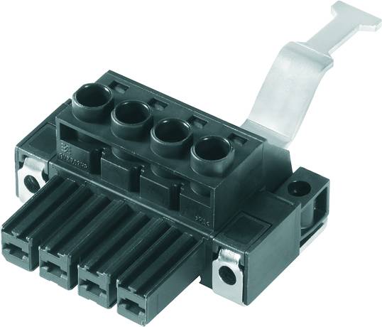 Kunststoff-Schaltschrankstecker mit vier Steckplätzen und Metallschiene. Verwendet für elektrische Verbindungen in Geräten.