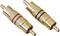 Zwei goldene RCA-Stecker, einer mit rotem Ring, der andere mit schwarzem Ring. Sie werden häufig für Audio- und Videoverbindungen verwendet.