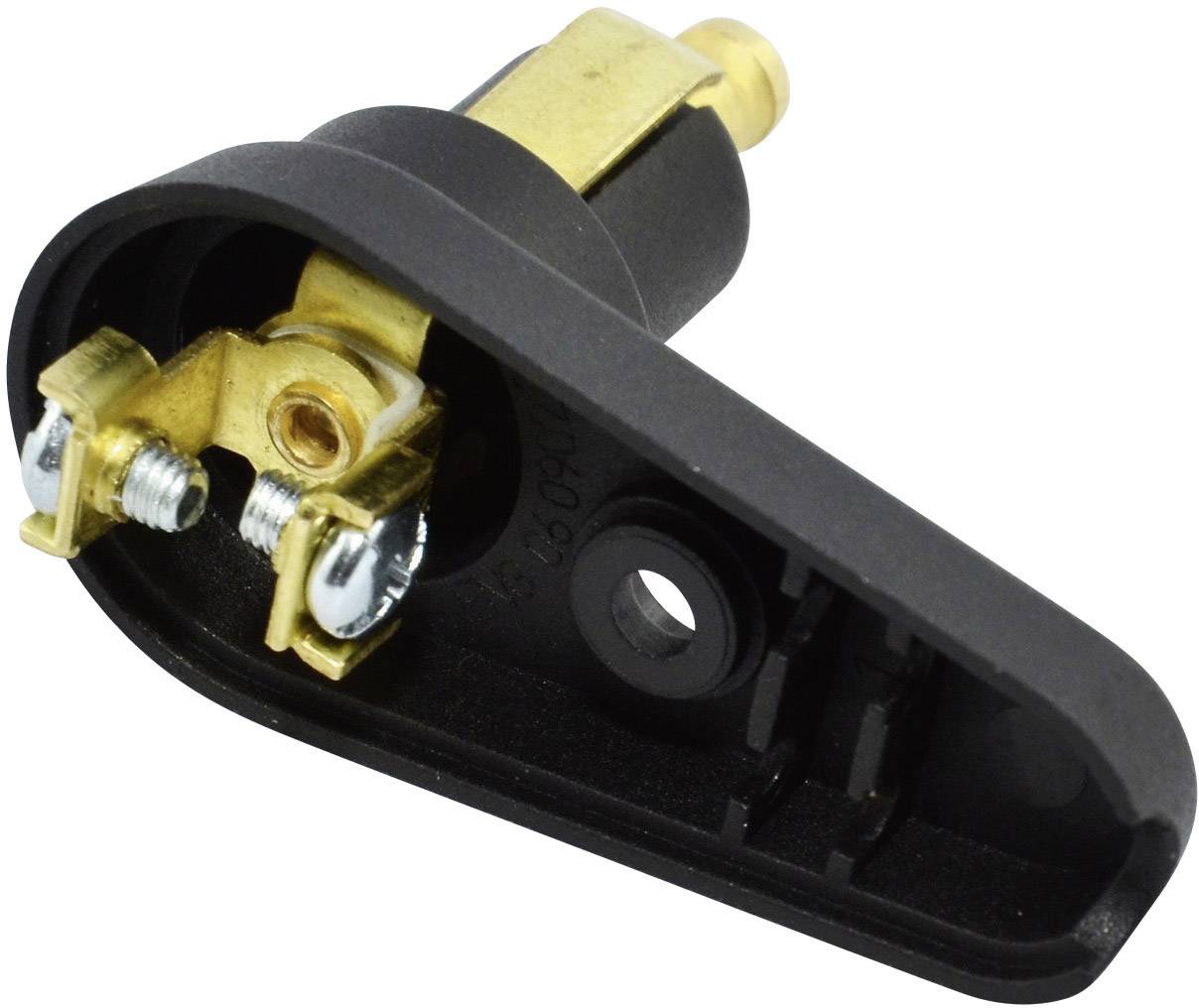 Ein schwarzer elektrischer Adapter mit goldfarbenen Anschlüssen, geeignet für die Verbindung von elektrischen Kabeln in Geräten.