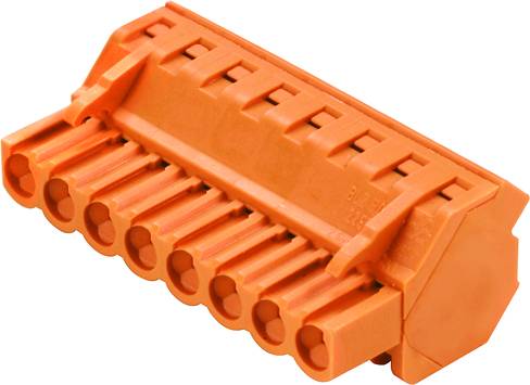 Oranger Steckverbinder mit neun Steckplätzen, seitliche Verriegelung; wird in elektronischen Schaltungen zum Verbinden von Drähten verwendet.