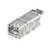 Ein silberner RJ45-Steckverbinder in Nahaufnahme. Der Steckverbinder ist aus Metall und für Netzwerkverbindungen geeignet.