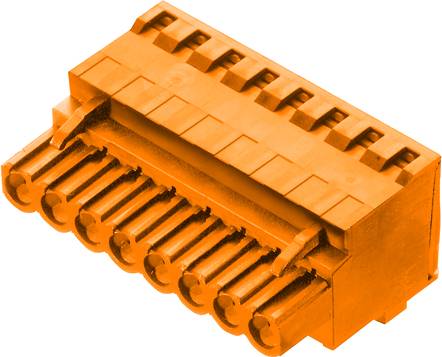 Ein orangefarbener Steckverbinder in rechteckiger Form mit mehreren Stiften, verwendet in elektronischen Geräten zur Verbindung von Kabeln.