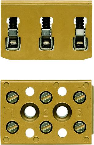 'Elektroklemme in beige, oben drei Klemmen mit Schraubmechanismus, unten sechs Schraubenlöcher nummeriert von eins bis drei.'
