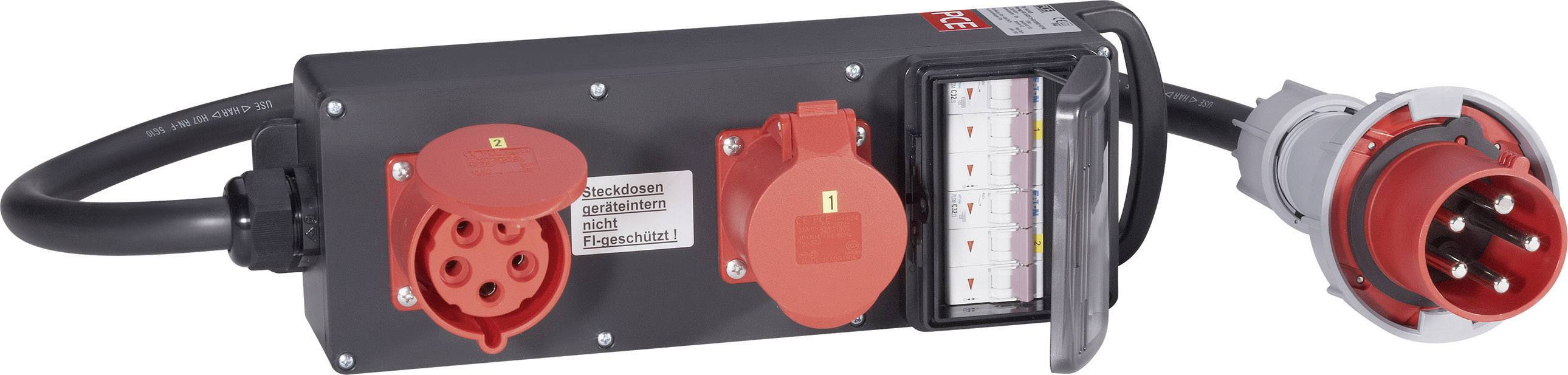 Schwarzer Verteilerkasten mit verschiedenen roten Steckdosen und einem roten Stecker. Ein Label zeigt 'Spannung prüfen'.