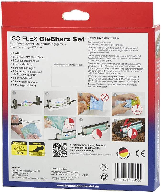 'ISO FLEX Gießharz Set' Verpackung. Enthält Anwendungsanleitung, Sicherheitsinformationen und Produktabbildungen. Gezeigt wird die Anwendung zur Abdichtung von Kabelverbindungen.