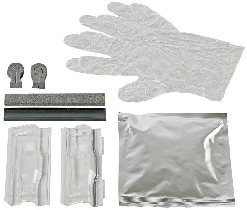 Ein Set aus einem durchsichtigen Kunststoffhandschuh, zwei Befestigungsklammern, einer Abziehlippe, zwei Kunststoffstreifen und einer silbernen Plastiktüte.