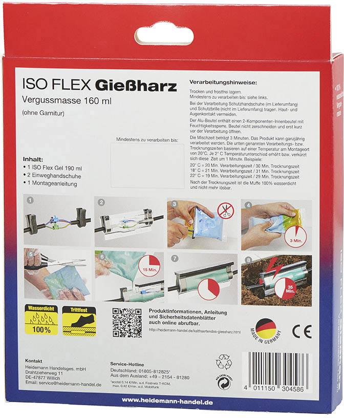 'ISO FLEX Gießharz' Verpackung mit 160 ml Vergussmasse. Enthält Anleitung und Verarbeitungshinweise. Bilder zeigen Anwendungsschritte.