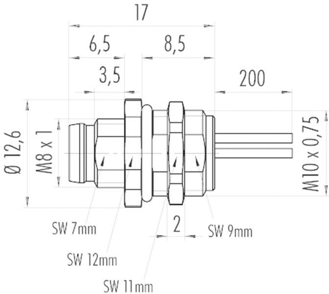 Technische Zeichnung eines zylindrischen Bauteils mit Maßen: Gesamtlänge 200 mm, Durchmesser 12,6 mm, Gewinde M8 x 1, M10 x 0,75.