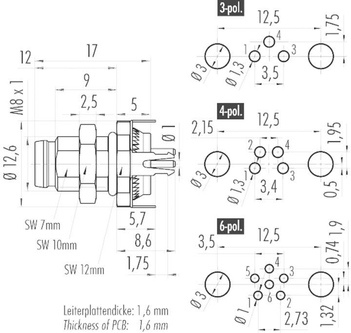 Technische Zeichnung eines Steckverbinders mit verschiedenen Ansichten und Maßen für 3-, 4- und 6-polige Varianten.
