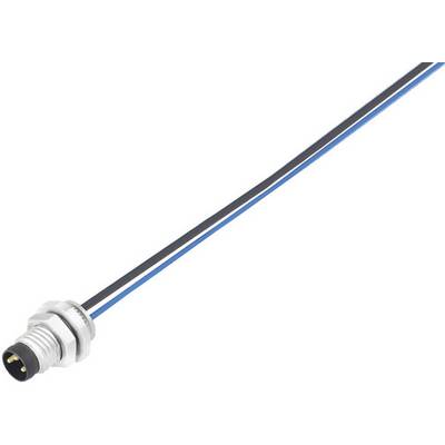 Ein M8-Steckverbinder mit montiertem Kabel, drei sichtbare Adern: schwarz, blau und braun, geeignet für industrielle Anwendungen.