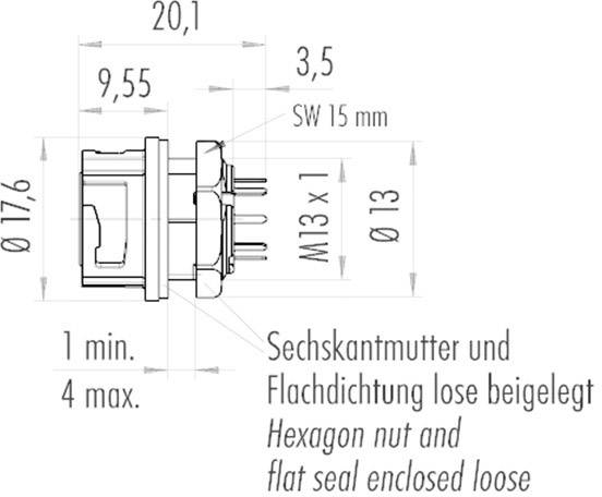 Technische Zeichnung eines Steckverbinders mit Maßen in Millimetern. Beinhaltet Hinweise: 'Sechskantmutter und Flachdichtung lose beigelegt'.
