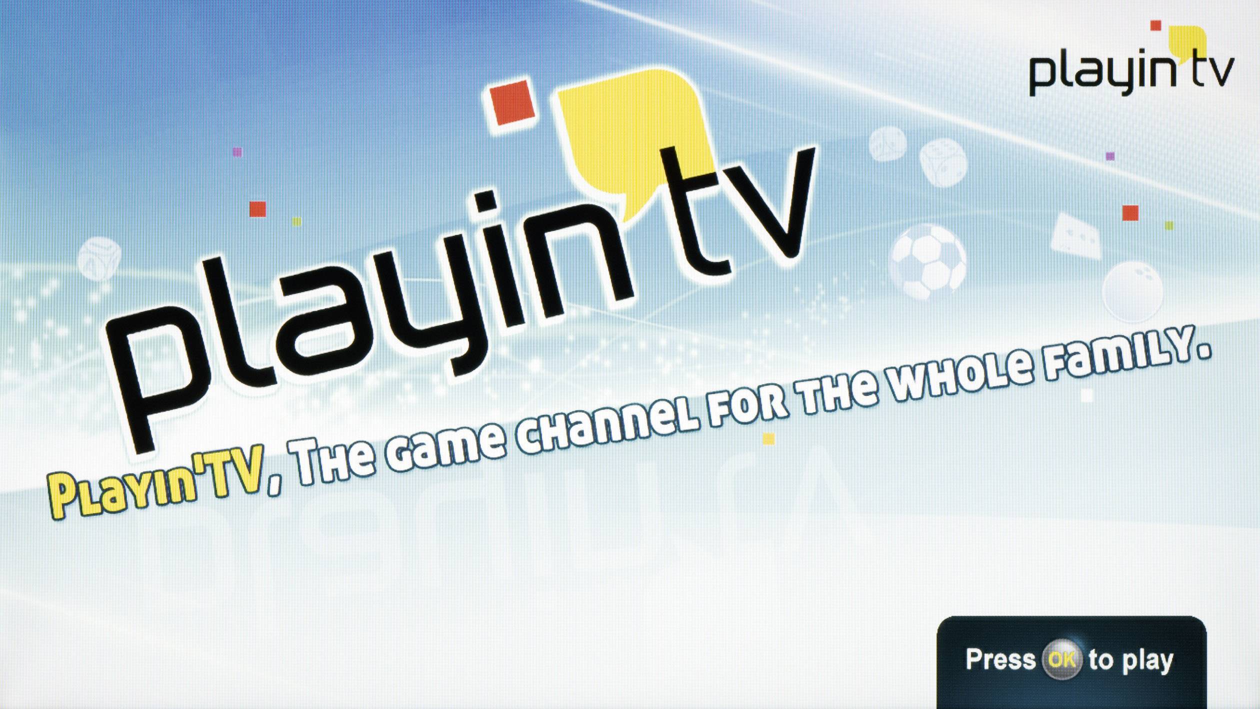 Startschermafbeelding für Playin' TV: 'The game channel for the whole family.' Zeigt das Logo und die Option 'Press OK to play'.