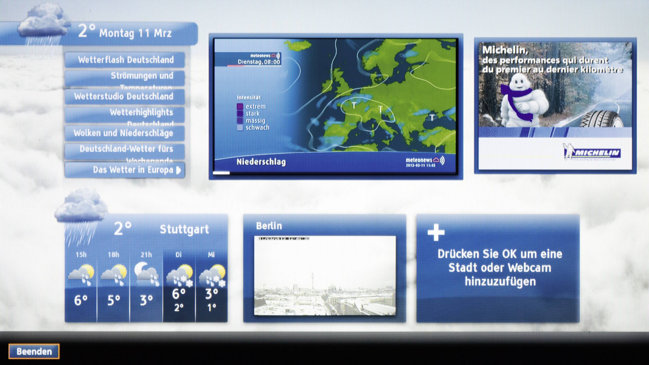 'Wettervorhersage für den 11. März: In Stuttgart und Berlin 2°C mit Schnee und Regen. Deutschlandkarte zeigt Niederschlag.'