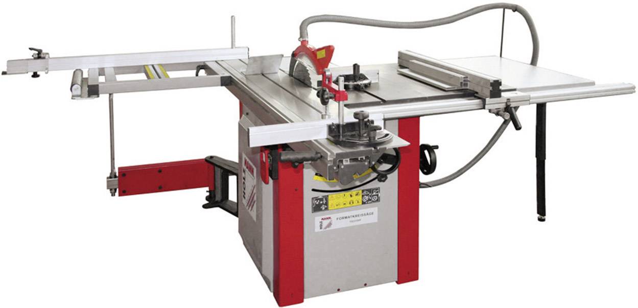 Große Tischkreissäge mit grauer Oberfläche und roten Akzenten; enthält Führungsschienen und ein Sägeblatt, geeignet für präzises Holzschneiden in einer Werkstatt.