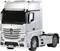 Silberner Lastkraftwagen, Modell Actros von Mercedes-Benz, in Fahrtrichtung links abgebildet.