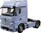 Ein blauer Lastwagen der Marke Mercedes-Benz, Modell Actros, ohne Anhänger, mit Fokus auf die Fahrerkabine und Vorderansicht.