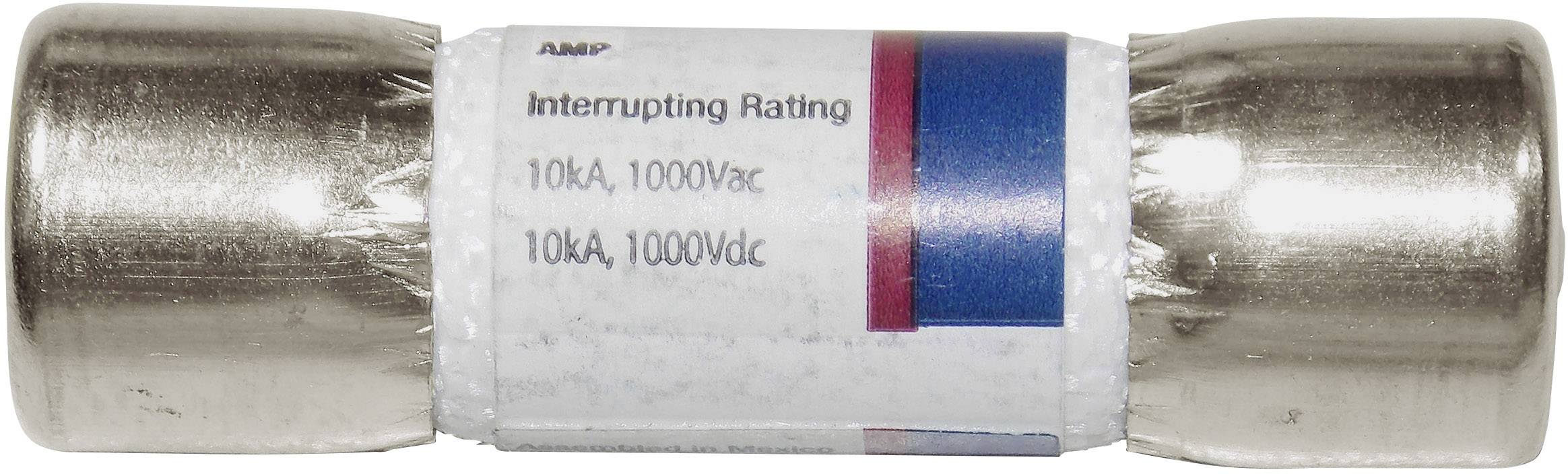 Eine zylindrische Sicherung mit Beschriftung: 'Interrupting Rating 10kA, 1000Vac, 10kA, 1000Vdc'.