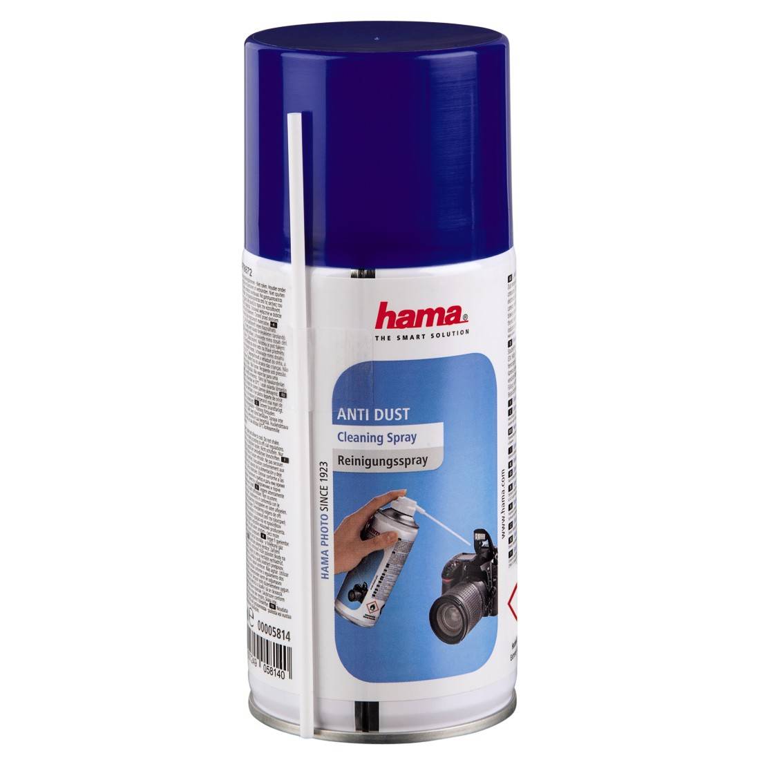 Eine blaue Spraydose mit der Aufschrift 'ANTI DUST Cleaning Spray'. Ein Kamerabild zeigt, wofür es verwendet wird.