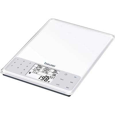 Eine digitale Küchenwaage mit Glasoberfläche, zeigt ein Gewicht von '198 g' an. Das Display zeigt verschiedene Messwerte und Optionen.