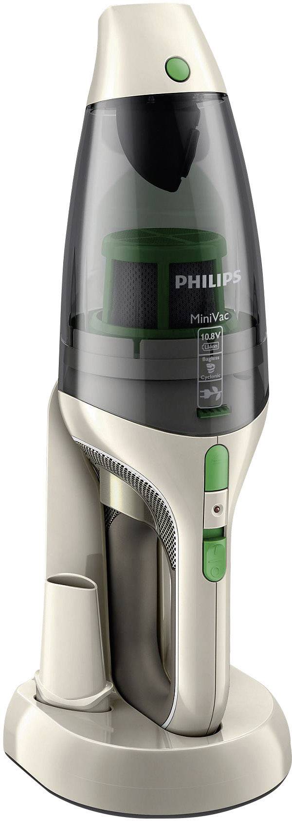 Ein kabelloser Handstaubsauger steht aufrecht in seiner Ladestation. Er hat ein modernes Design mit grünen Bedienelementen.