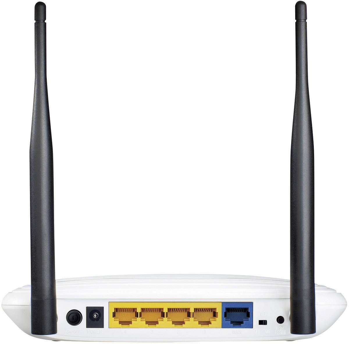 Ein WLAN-Router mit zwei Antennen und mehreren LAN-Anschlüssen auf der Rückseite zur Netzwerkverbindung.