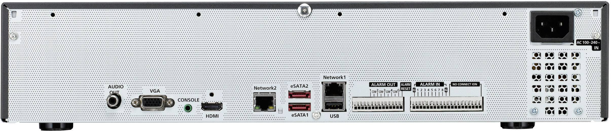 Die Rückseite eines elektronischen Geräts zeigt Anschlussmöglichkeiten: Strom, Netzwerk, HDMI, USB, VGA, Audio und diverse Ports.