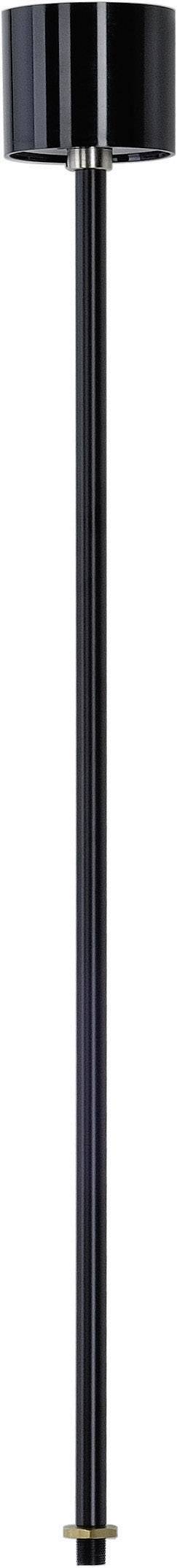 Schwarze Stehlampe mit rundem Lampenschirm, schlankem Ständer aus Metall. Minimalistisches Design, geeignet für modernes Interieur.