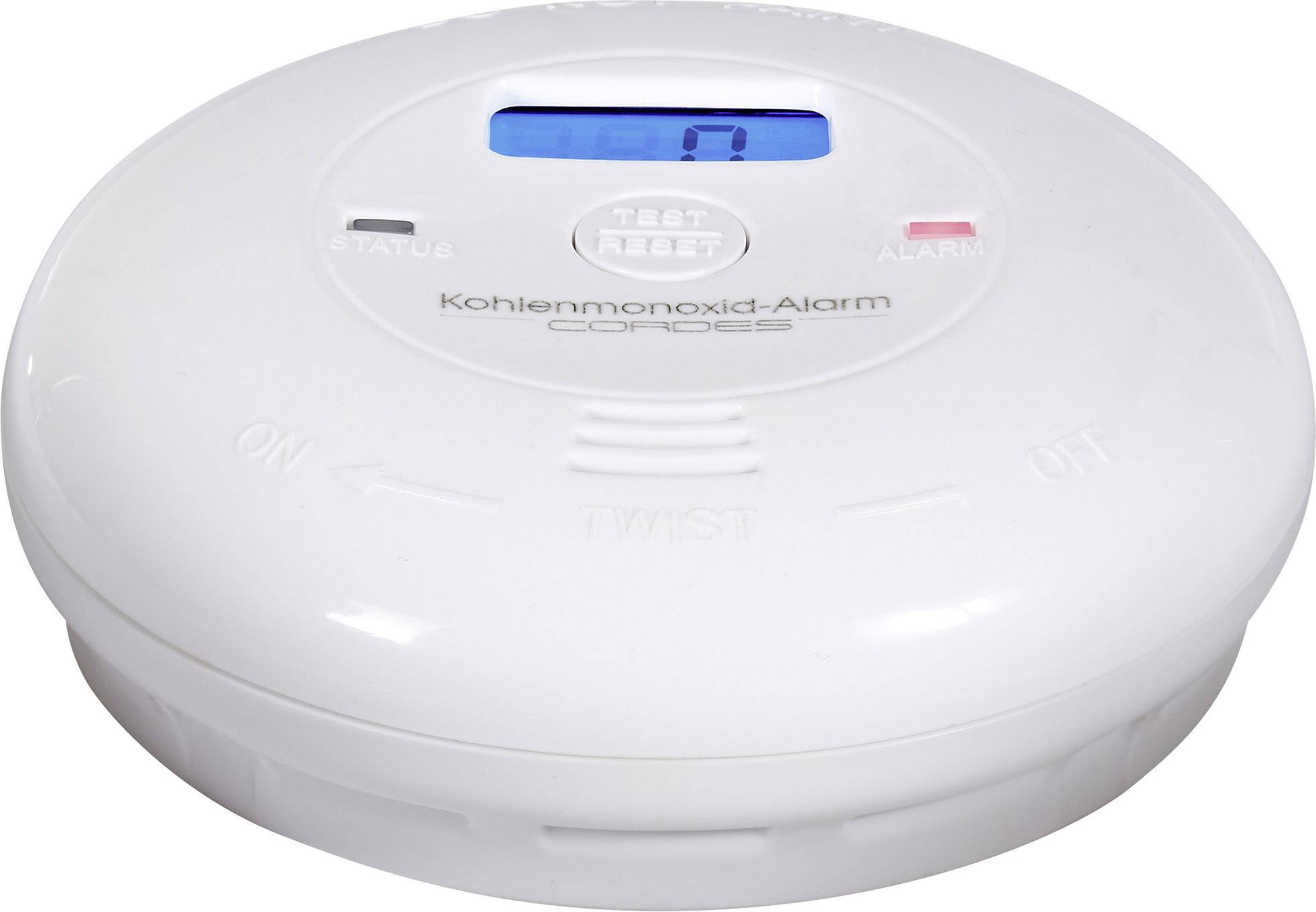 Kohlenmonoxid-Alarmmelder mit digitalem Display oben, zeigt '0'. Tasten für Test und Reset. Anzeige für Status und Alarm.