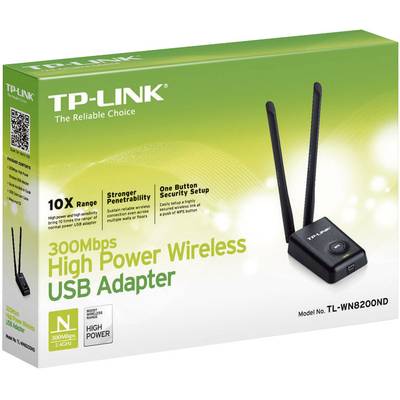 Eine Verpackung des TP-LINK High Power Wireless USB Adapters mit 300 Mbps, zwei Antennen, Modell TL-WN8200ND, mit grüner Gestaltung.