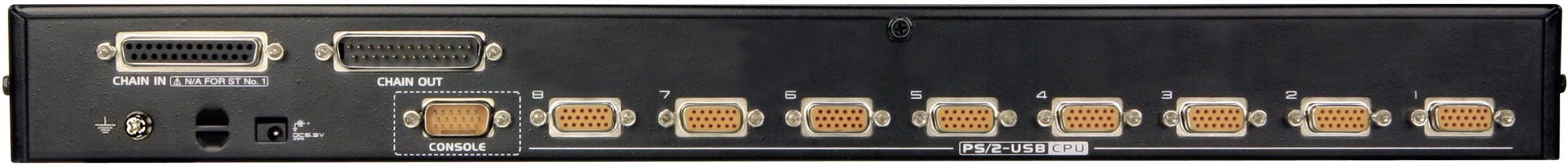 Rückseite eines Elektronikgeräts mit mehreren Anschlüssen einschließlich VGA und seriellen Ports, wahrscheinlich für Video- oder Datenverbindungen.