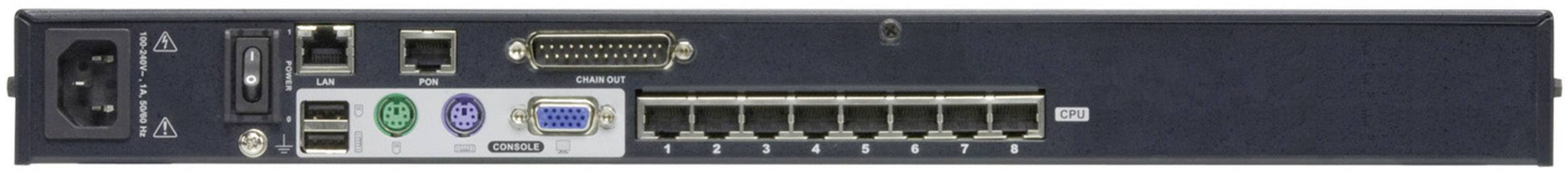 Die Rückseite eines Netzwerkgeräts zeigt diverse Anschlüsse: Stromkabel, USB, serielle und Netzwerkanschlüsse.