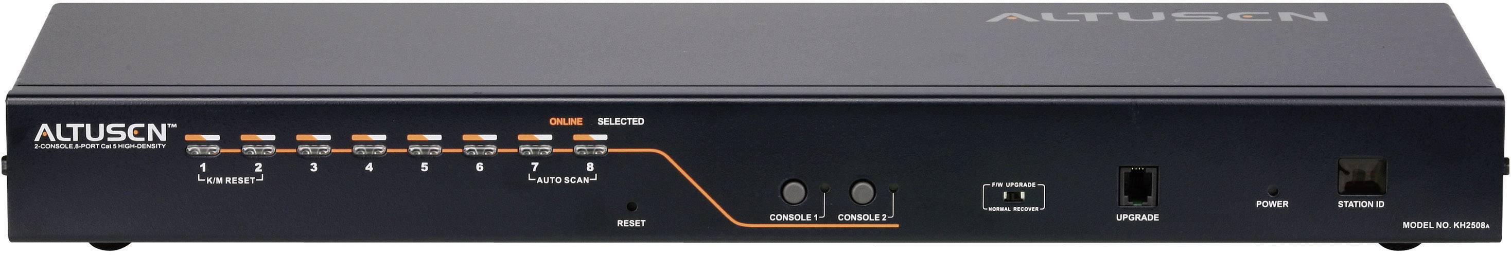 Ein schwarzer Netzwerk-Switch von ALTUSEN mit mehreren Ethernet-Ports, Anzeigen für Status und Verbindung sowie Anschlüssen an der Vorderseite.
