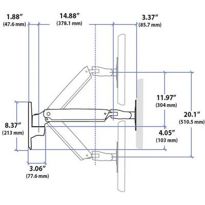 Technische Zeichnung eines verstellbaren Monitorarms. Maße sind in Zoll und Millimeter angegeben, z.B. Länge: 14,88 in (378,1 mm).